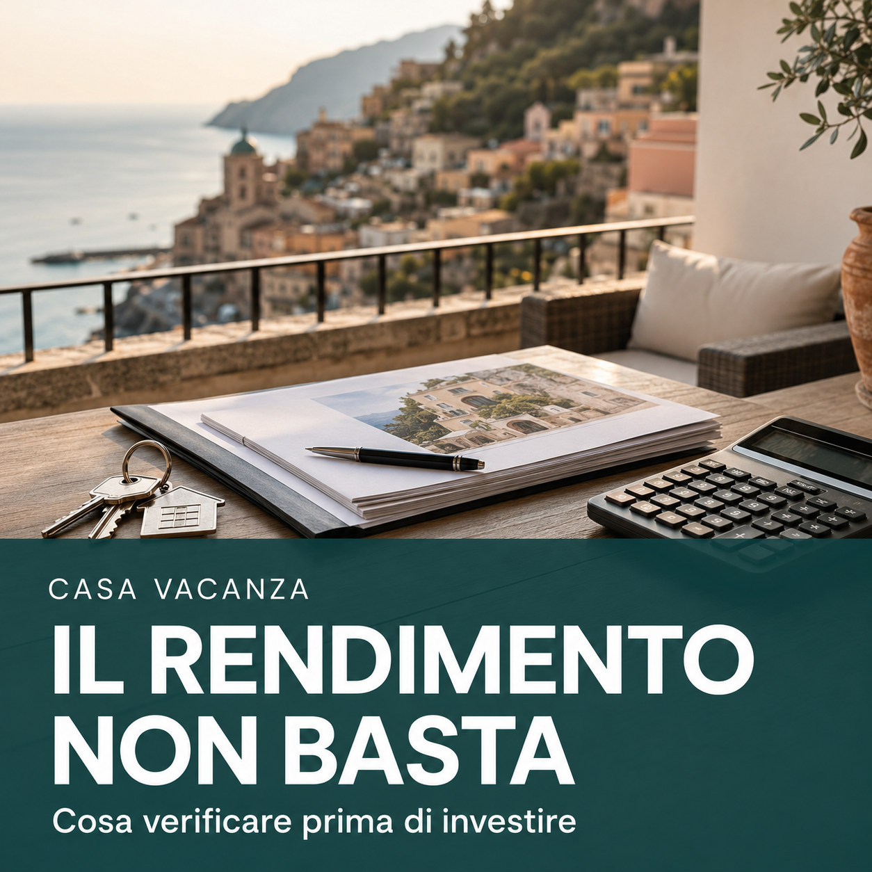 Documenti, chiavi e calcolatrice su una terrazza con vista sul mare.